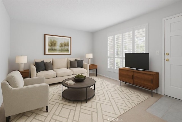 living room featuring light colored carpet and baseboards