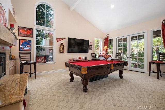 31271 Via Fajita, San Juan Capistrano, CA 92675 - playroom featuring high vaulted ceiling, french doors, light colored carpet, billiards, and beamed ceiling