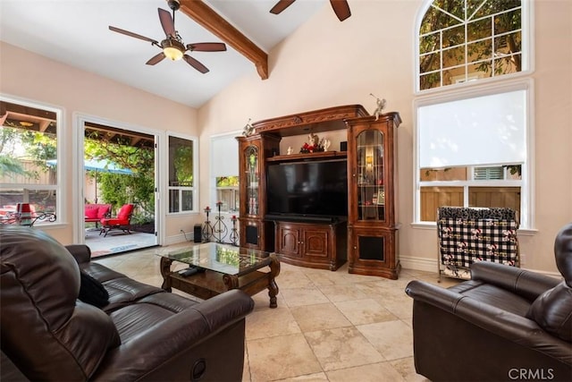 31271 Via Fajita, San Juan Capistrano, CA 92675 - living area featuring a ceiling fan, beamed ceiling, high vaulted ceiling, and light tile patterned floors