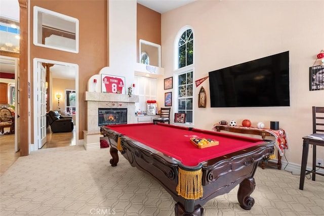31271 Via Fajita, San Juan Capistrano, CA 92675 - playroom with a high ceiling, carpet floors, billiards, and a tile fireplace