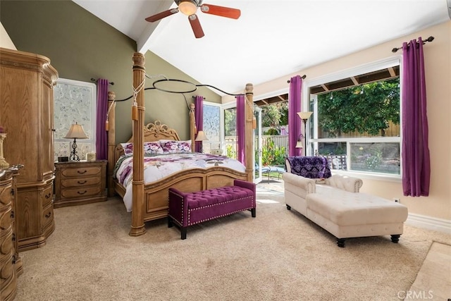 31271 Via Fajita, San Juan Capistrano, CA 92675 - bedroom with vaulted ceiling, light carpet, access to exterior, and ceiling fan