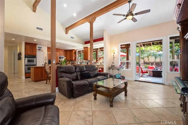 31271 Via Fajita, San Juan Capistrano, CA 92675 - living room with a ceiling fan, light tile patterned flooring, recessed lighting, and decorative columns