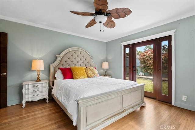 6911 E 10th St, Long Beach, CA 90815 - bedroom with access to outside, wood finished floors, crown molding, and a ceiling fan