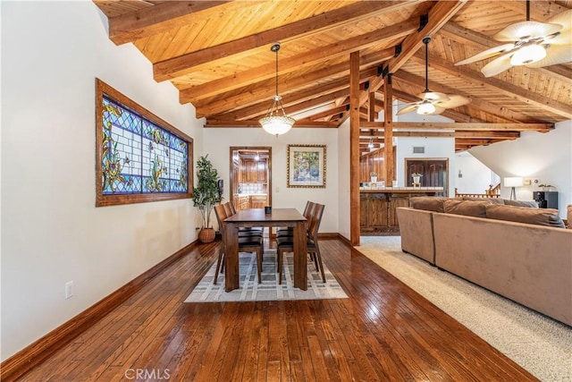 dining space featuring baseboards, wooden ceiling, ceiling fan, and dark wood finished floors