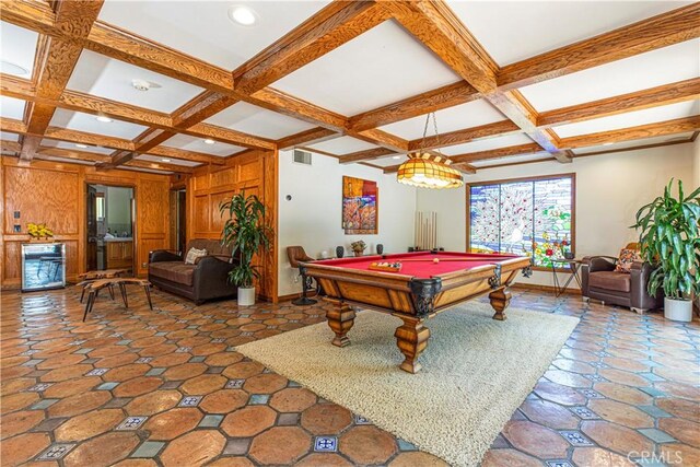 recreation room featuring coffered ceiling, beamed ceiling, billiards table, baseboards, and recessed lighting