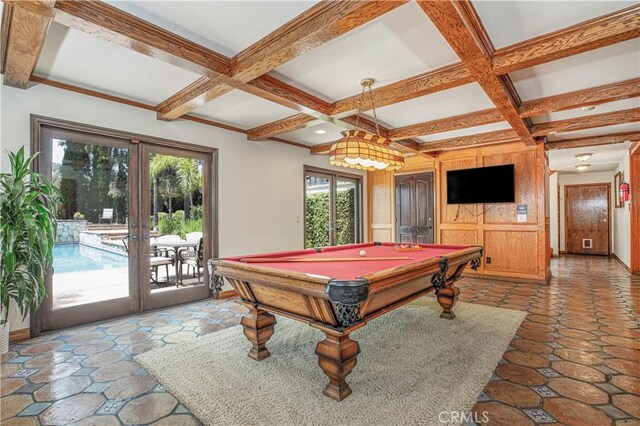 recreation room with french doors, coffered ceiling, beam ceiling, pool table, and baseboards