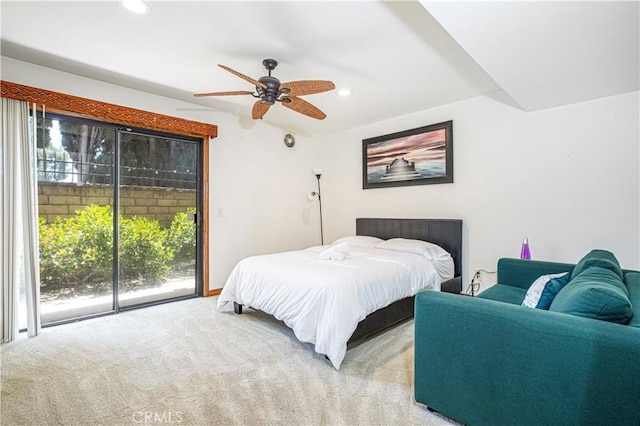 carpeted bedroom with access to outside, multiple windows, recessed lighting, and a ceiling fan