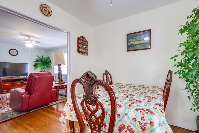 dining room featuring wood finished floors and a ceiling fan