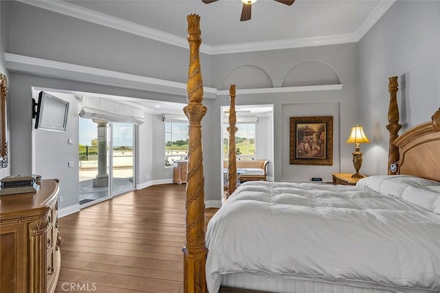 41653 Oak Trail Ct, Murrieta, CA 92562 - bedroom featuring access to outside, hardwood / wood-style floors, ornamental molding, baseboards, and a ceiling fan