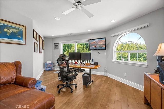 41653 Oak Trail Ct, Murrieta, CA 92562 - office with baseboards, light wood-style flooring, recessed lighting, and a ceiling fan