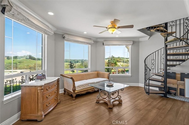 41653 Oak Trail Ct, Murrieta, CA 92562 - sitting room with baseboards, ornamental molding, a ceiling fan, stairway, and recessed lighting