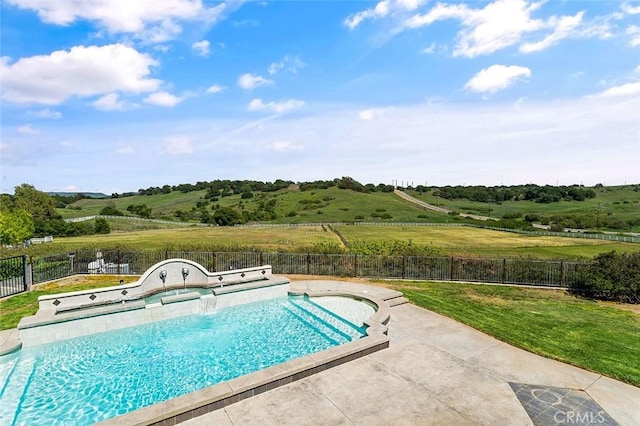 41653 Oak Trail Ct, Murrieta, CA 92562 - view of pool featuring a hot tub, a rural view, and a patio area