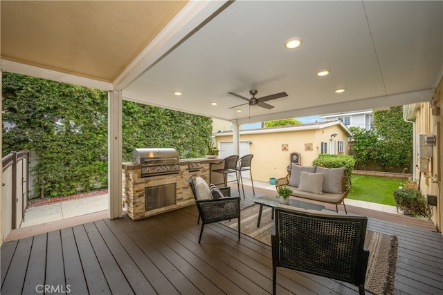 3113 San Anseline Ave, Long Beach, CA 90808 - wooden terrace with a grill, an outdoor living space, exterior kitchen, and a ceiling fan