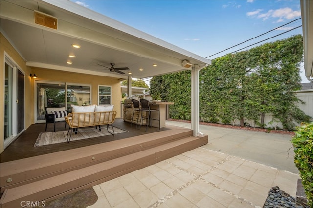 3113 San Anseline Ave, Long Beach, CA 90808 - view of patio / terrace with ceiling fan, a wooden deck, and an outdoor hangout area