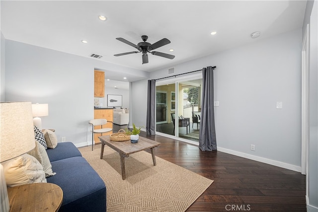 3113 San Anseline Ave, Long Beach, CA 90808 - living room featuring hardwood / wood-style floors, a ceiling fan, baseboards, and recessed lighting