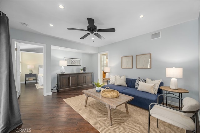 3113 San Anseline Ave, Long Beach, CA 90808 - living area featuring recessed lighting, dark wood finished floors, a ceiling fan, and baseboards