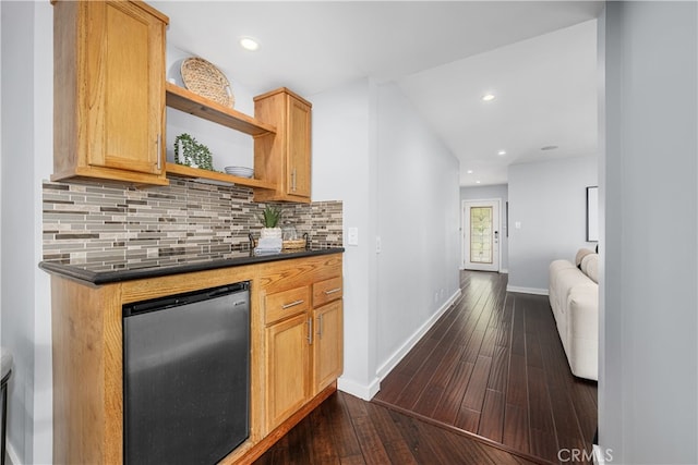 3113 San Anseline Ave, Long Beach, CA 90808 - kitchen with open shelves, stainless steel fridge, dark wood-style floors, dark countertops, and recessed lighting