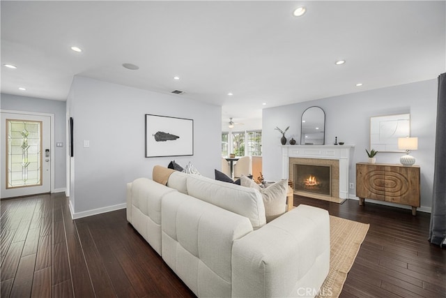 3113 San Anseline Ave, Long Beach, CA 90808 - living area featuring recessed lighting, baseboards, dark wood-style flooring, and a fireplace with flush hearth