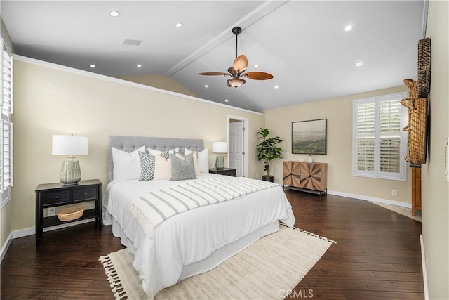 3113 San Anseline Ave, Long Beach, CA 90808 - bedroom with baseboards, vaulted ceiling, hardwood / wood-style flooring, recessed lighting, and a ceiling fan
