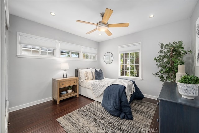 3113 San Anseline Ave, Long Beach, CA 90808 - bedroom with dark wood finished floors, baseboards, recessed lighting, and a ceiling fan