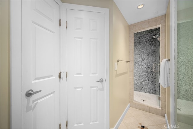 3113 San Anseline Ave, Long Beach, CA 90808 - bathroom with a stall shower, recessed lighting, tile patterned flooring, and baseboards
