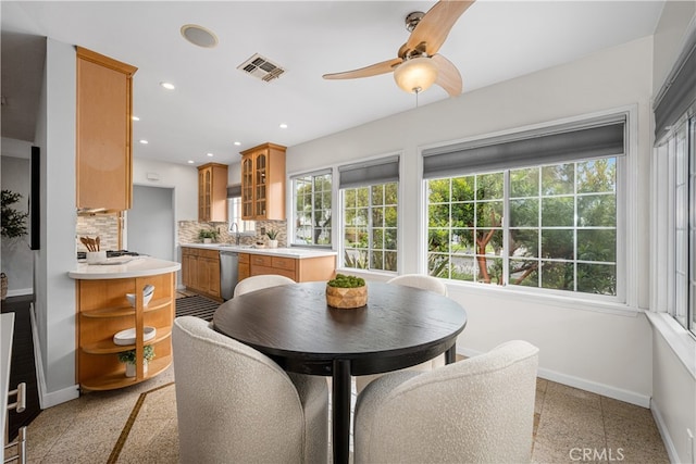 3113 San Anseline Ave, Long Beach, CA 90808 - dining space featuring baseboards, ceiling fan, recessed lighting, and granite floors