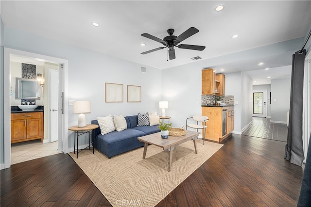 3113 San Anseline Ave, Long Beach, CA 90808 - living room with recessed lighting, light wood-style flooring, a ceiling fan, and baseboards