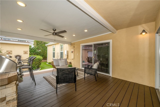 3113 San Anseline Ave, Long Beach, CA 90808 - wooden deck with a ceiling fan and an outdoor hangout area