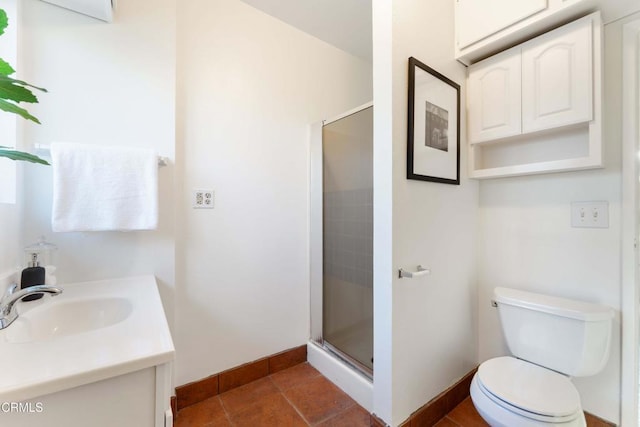 bathroom with baseboards, a stall shower, toilet, and vanity