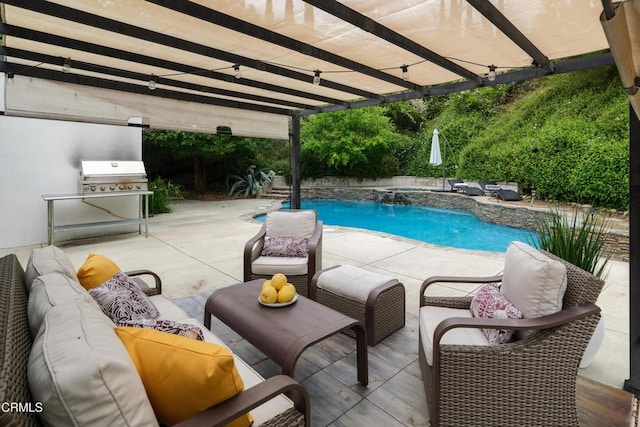 1445 Washburn Rd, Pasadena, CA 91105 - swimming pool featuring an outdoor hangout area, a pergola, grilling area, and a patio area