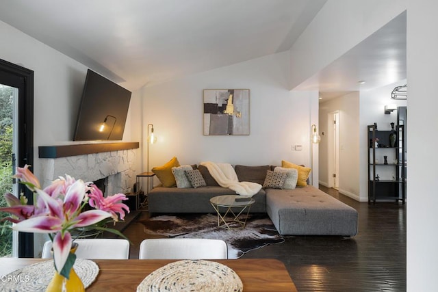 1445 Washburn Rd, Pasadena, CA 91105 - living room featuring lofted ceiling, wood finished floors, a high end fireplace, and baseboards