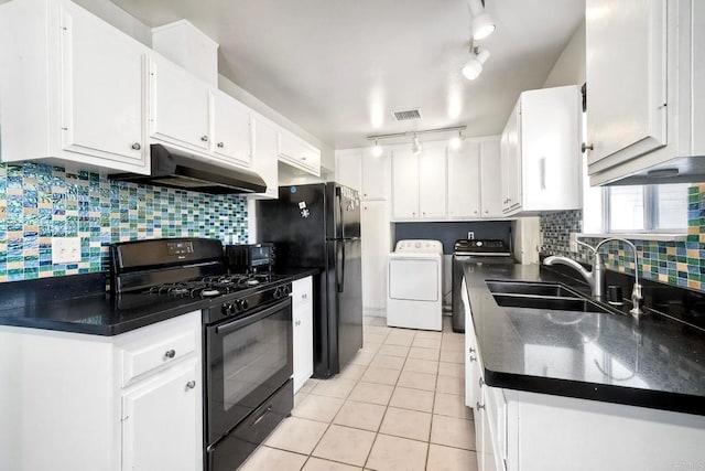 3113 Buena Hills Dr, Oceanside, CA 92056 - kitchen featuring black appliances, under cabinet range hood, track lighting, a sink, and dark countertops