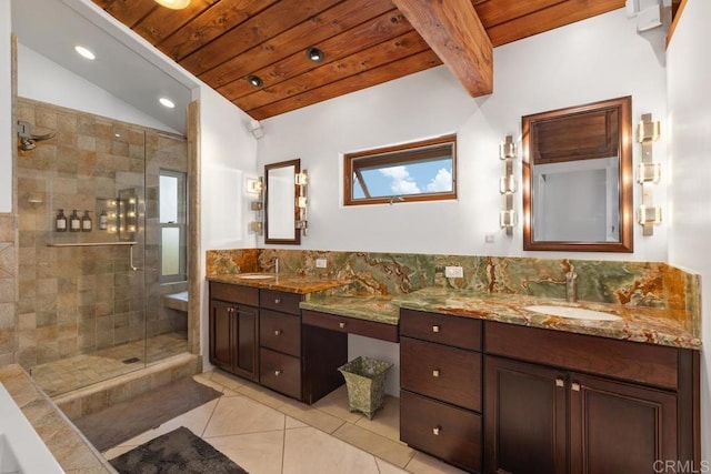 full bathroom featuring a stall shower, tile patterned floors, vanity, wood ceiling, and recessed lighting