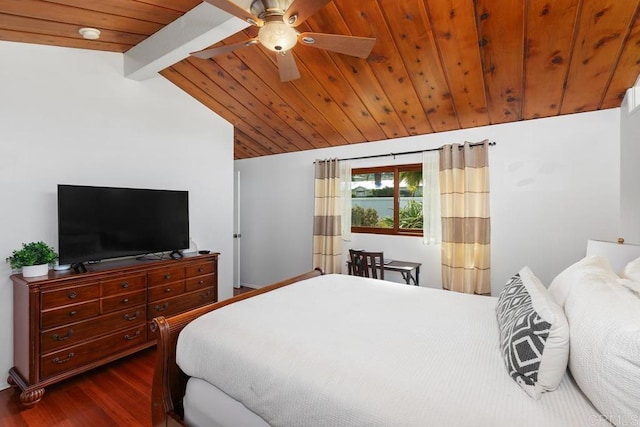 bedroom with dark wood-type flooring, wood ceiling, and a ceiling fan
