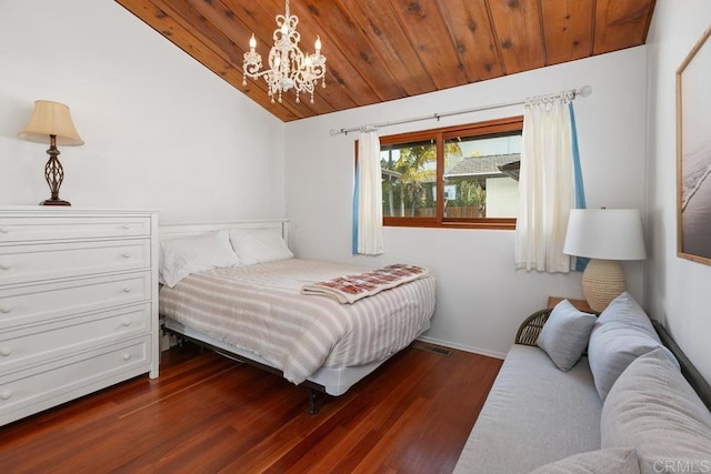 bedroom featuring vaulted ceiling, a chandelier, dark wood-style flooring, and wooden ceiling