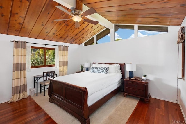 bedroom featuring lofted ceiling, wood finished floors, baseboards, ceiling fan, and wooden ceiling