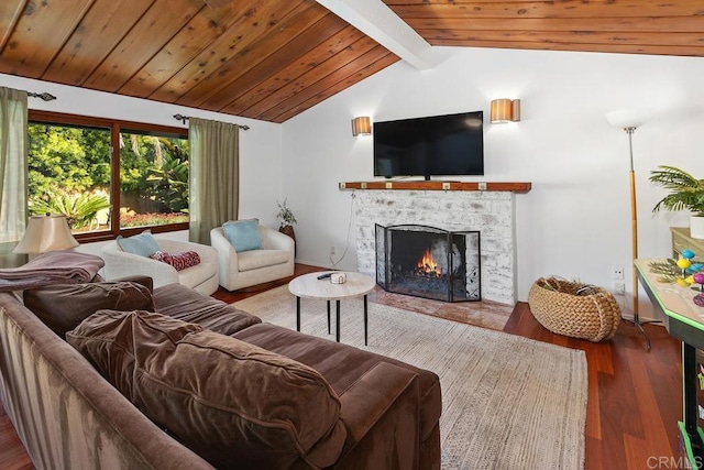living area with a lit fireplace, wood finished floors, wooden ceiling, and baseboards