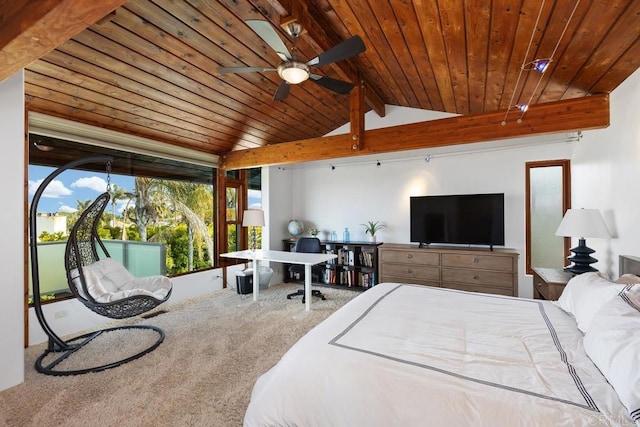carpeted bedroom with wooden ceiling