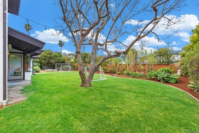 fenced backyard with an area for soccer