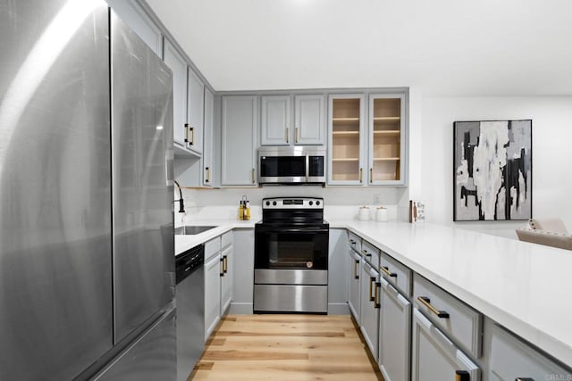 kitchen with appliances with stainless steel finishes, a sink, gray cabinets, and light wood-type flooring