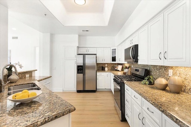 12370 Carmel Country Rd Unit 305, San Diego, CA 92130 - kitchen featuring stainless steel appliances, a sink, a tray ceiling, light wood finished floors, and white cabinets