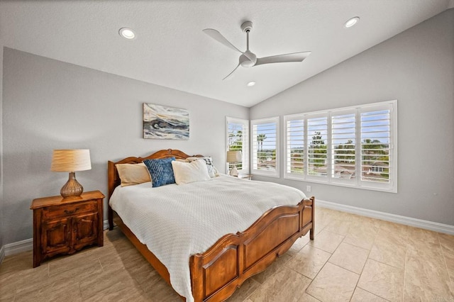 bedroom with vaulted ceiling, baseboards, recessed lighting, ceiling fan, and light tile patterned floors
