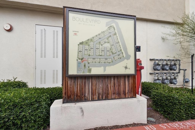 exterior view of stucco siding and gas meter