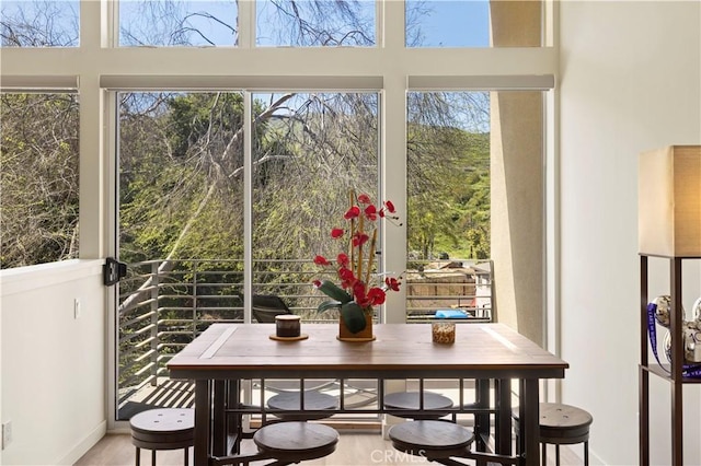 doorway featuring plenty of natural light, baseboards, and a high ceiling