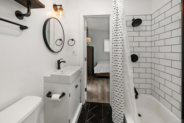 full bath with toilet, vanity, shower / bathtub combination with curtain, and marble finish flooring