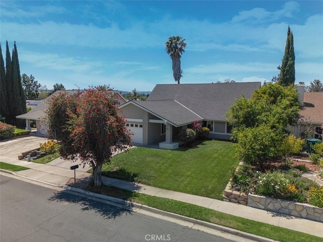 24111 Marathon St, Mission Viejo, CA 92691 - view of front of property with a garage, a front yard, concrete driveway, a chimney, and roof with shingles