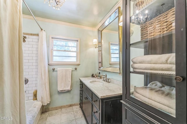 bathroom with ornamental molding, baseboards, vanity, and shower / bathtub combination with curtain