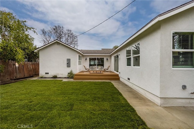 2153 Stanbridge Ave, Long Beach, CA 90815 - back of property with crawl space, a deck, stucco siding, and electric panel