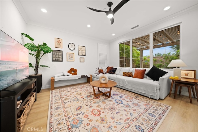 54 Painted Cameo, Irvine, CA 92602 - living room with ceiling fan, light wood-style flooring, ornamental molding, and recessed lighting