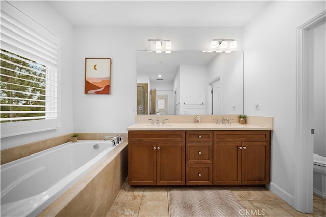 54 Painted Cameo, Irvine, CA 92602 - bathroom featuring a garden tub, toilet, double vanity, a stall shower, and tile patterned flooring